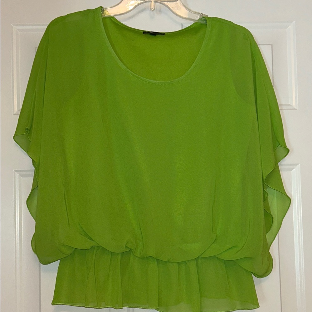 Milano Women's Top L Green Flowy Loose Fit Cinched Waist Sheer Overlay